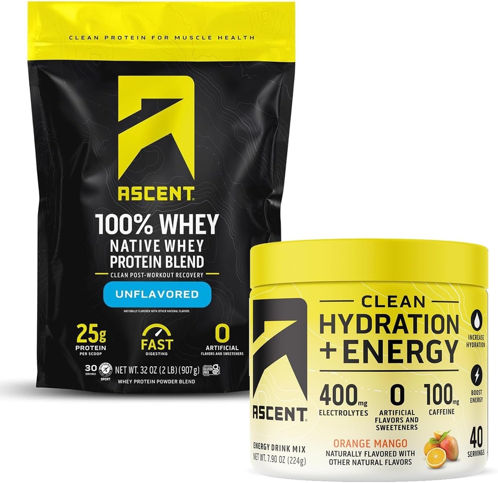 100% אבקת חלבון Whey, Unflavored 2 lb & הידרה + אנרגיה אלקטרוליטטס, אורנג מנגו 40 משרת