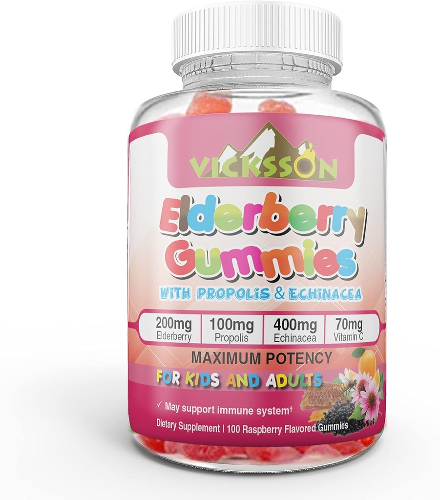 Black Sambucus Elderberry Gummies with Propolis & Echinacea + ויטמין C Antioxidant Flavonoids Immune System Booster for Kid & Adults Friendly 100 הרוזן