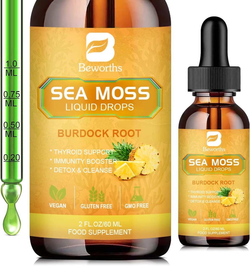 Sea Mossss Liquid Drops - Organic Irish Sea Mos Gel with Spirulina, Bladderwrack, Burdock Root, Pinapple Seamoss Gel for Joint, Detox Cleanse & Digest Support - 2 Fl Oz, טבעוני טבעוני