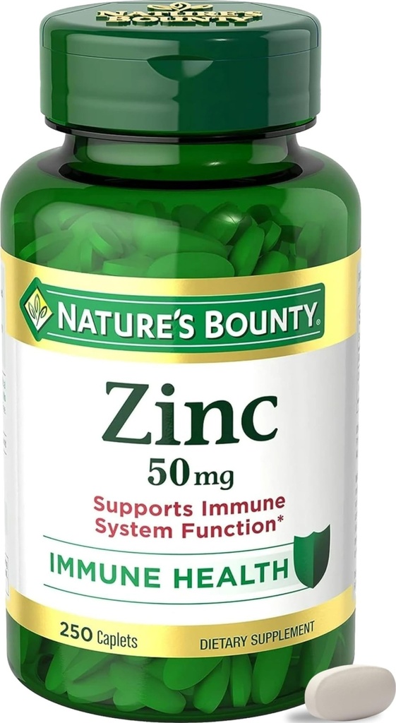 Nature's Bounty Zinc 50mg, Immune Support & Antioxidant תוסף, מקדם בריאות העור, 1 Caplet Per Day, Gluten Free, 250 Vegetarian Caplets