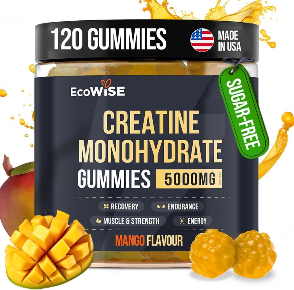 EcoWise Wellness Creatine Monohydrate Gummies 5000 מ"ג, מנגו פלמור, 120 צ'אדות טבעוניות ללא סוכר, תוסף Creatine עבור Daily Routine