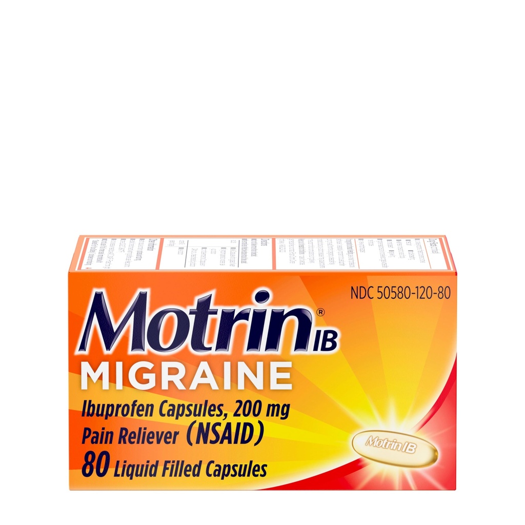 Motrin IB Migraine הקלה נוזל קפסולות עם 200 מ"ג Ibuprofen לכל קפסולה, מהיר ויעיל Migraine Headache Medicine עם NSAID כאב Reliever Ibuprofen, Caffeine-Free, 80 ct