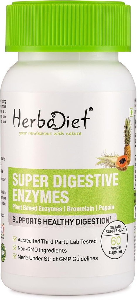 Herbadiet Digestive Enzyme תוספים | Bromelain & Papain לחלץ 500 מ"ג קפסולות | Proteolytic Enzymes with Lipase Lactase Amylase (60 קפסולות)