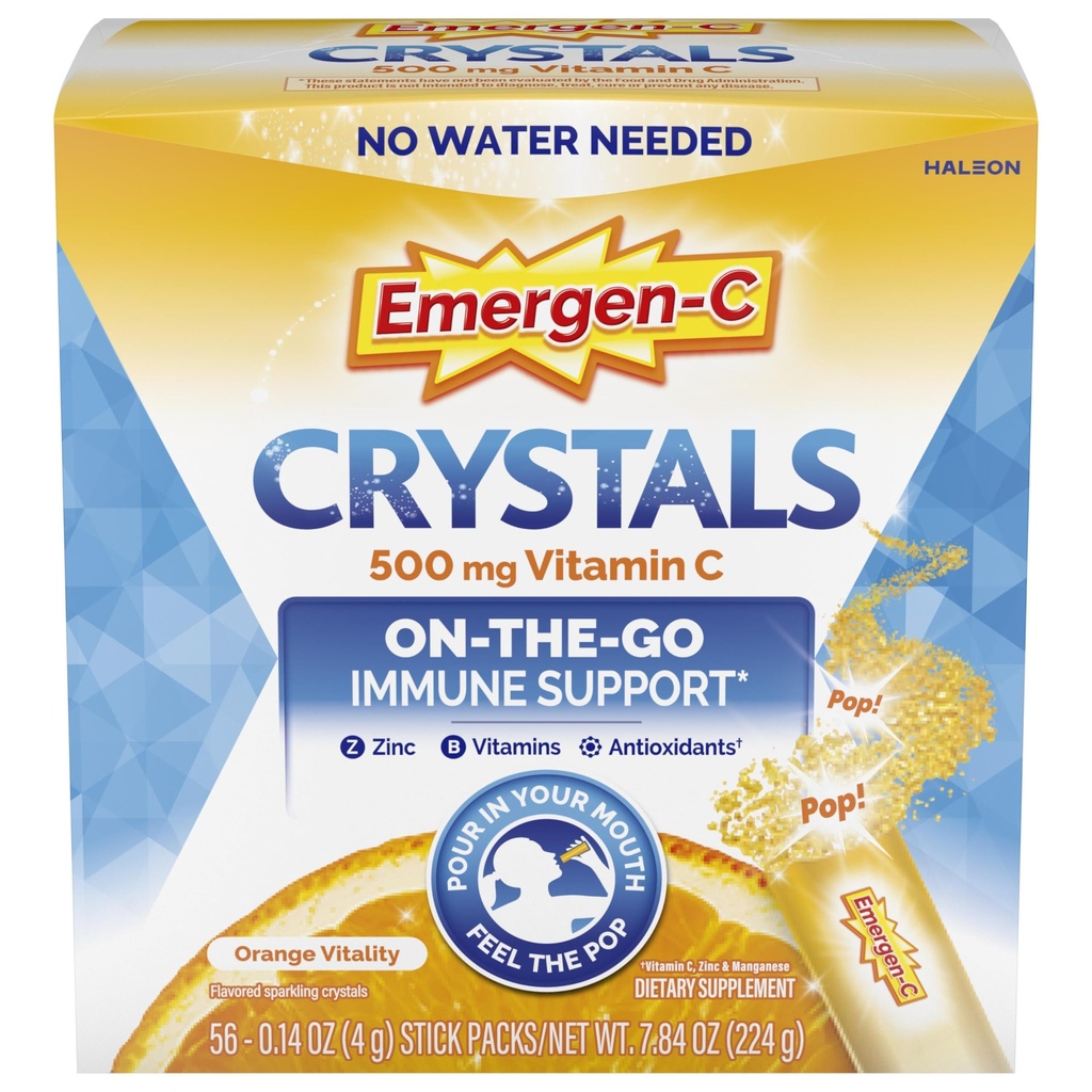 Crystals, On-the-Go Emergen-C Immune תוסף עם ויטמין C, ויטמין B, Zinc and Manganese, Orange Vitality - 56 Sticks Packs