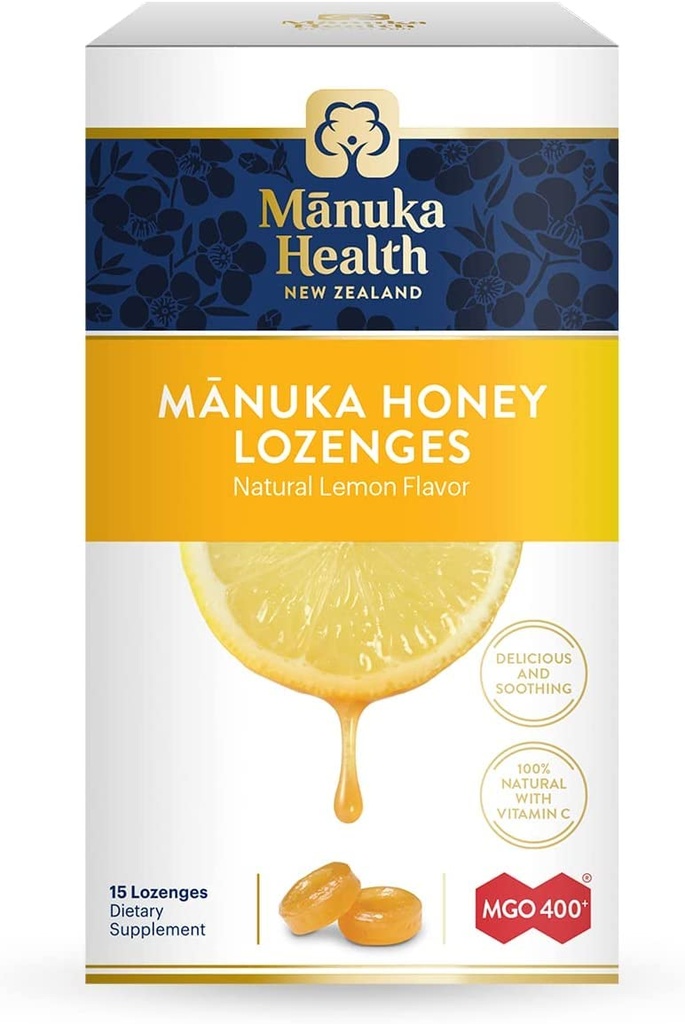 Manuka Health Manuka Honey Lozenges - 15 Lemon Flavored Lozenges - טבעי גרון Lozenges מעורבב עם Raw Manuka דבש ויטמין C עבור Immune תמיכה