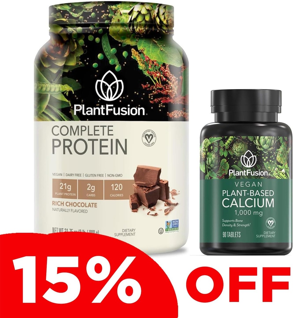 PlantFusion להשלים אבקת חלבונים טבעונית ו Calcium Bundle - אבקת חלבון מבוססת צמחי עם BCAAs, Enzymes העיכול ו Pea חלבונים