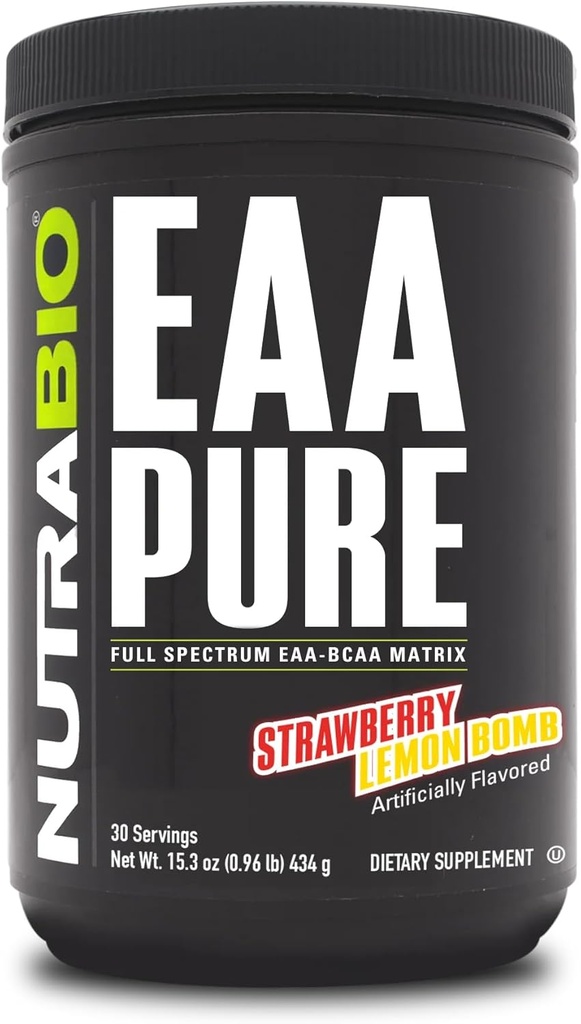 NutraBio - EAA Pure - 9 Amino Acids - תיקון שרירים ושיקום, 30 משרתים, סטרוברי לימון Bomb - Pre or Post Workout - All Day Recovery