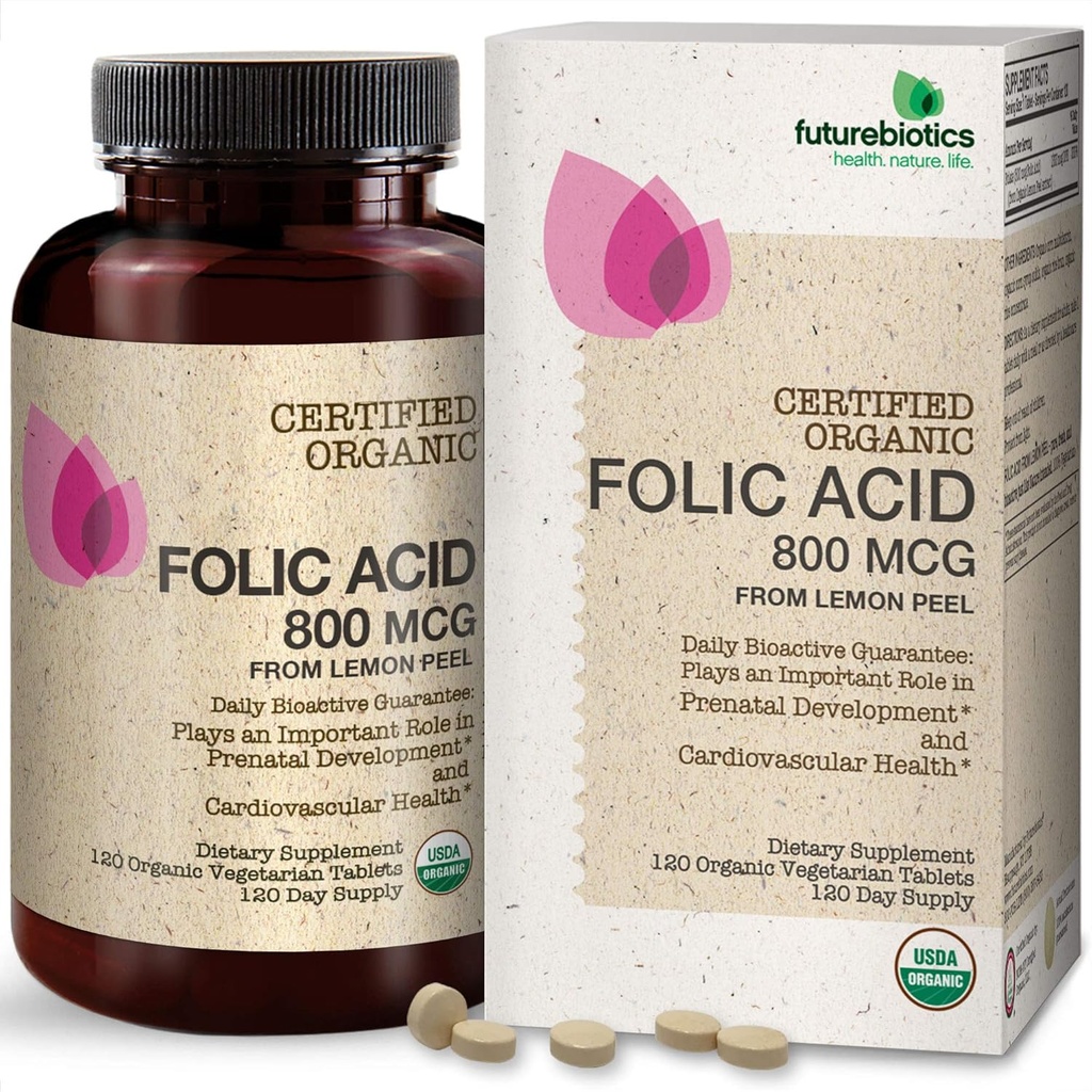 Futurebiotics Folic Acid 800mcg אורגני פיל USDA מוסמך אורגני, 120 טבליות צמחוניות
