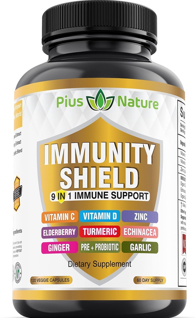 9-in-1 Immune תומך ויטמין C (1000mg), ויטמין D3 (5000 IU), Zinc (2 מ"ג) עם Elderberry, Turmeric, Echinacea, ג'ינג'ר, Garlic ו-Pre+Pro-Biotic לשרת (120 caps perבק - 2 חודשים אספקת)