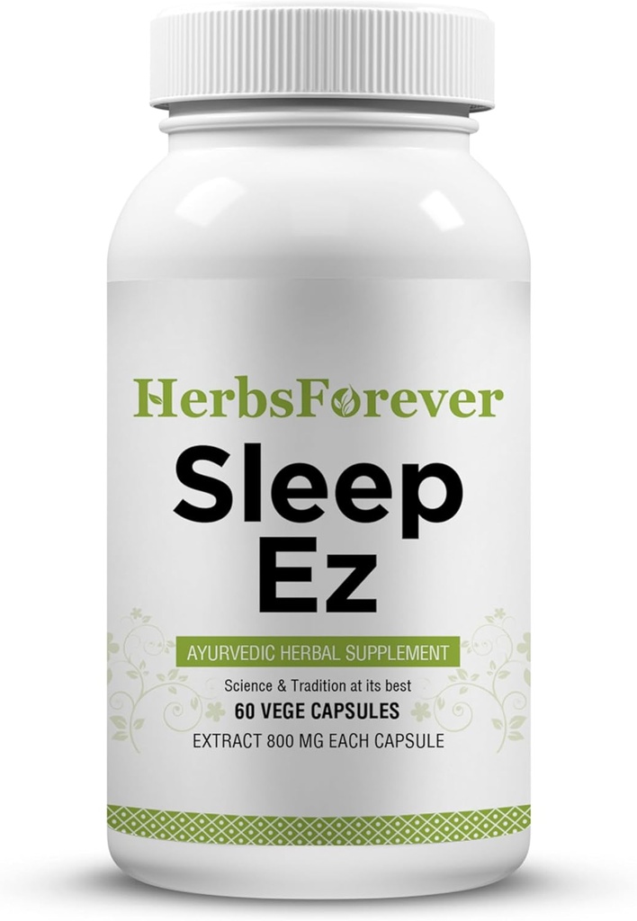 Herbsforever Sleep Ez (Sleep Ease) (Ayurvedic Herbal Formulation) עבור רגיעה של המוח, גוף וסיוע של דפוס שינה מלא, 60 קפסולות vege, 800 מ"ג כל תמצית מבוזרת