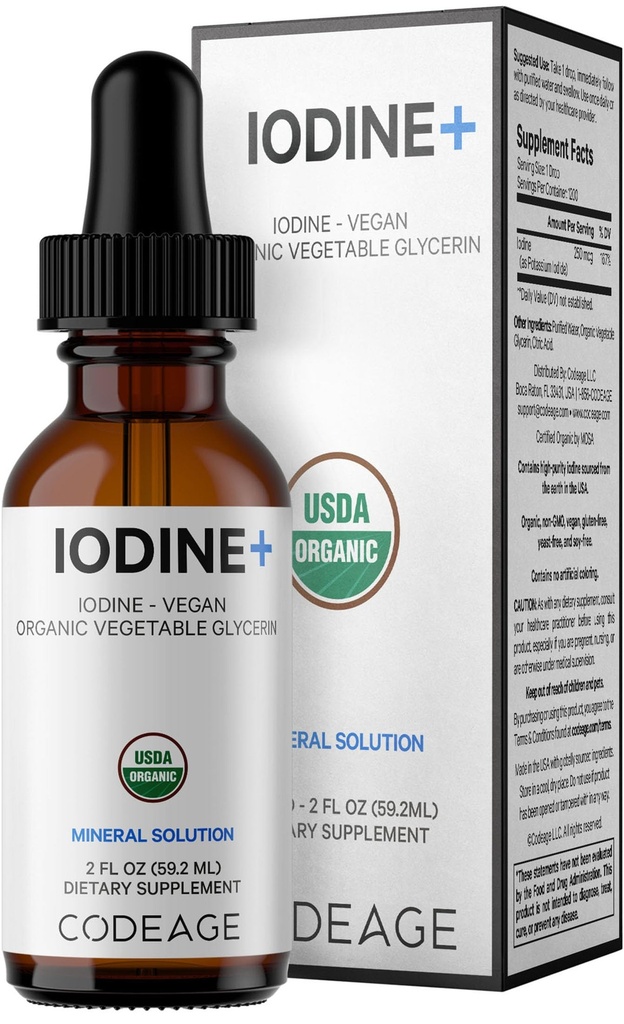 Codeage USDA Certified Organic Iodine Drops - 250 Mcg Per משרת - 1+ שנה אספקה - תוספת נוזלי Iodide - Pure, Clear Iodine - Groassium Iodine נוזל Drop - 2 fl oz