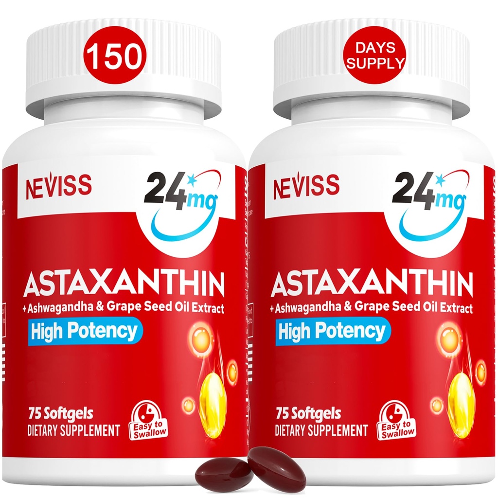 תוספי Astaxanthin 24mg, 5 חודש אספקה - קוקוס MCT שמן, Microalgae חדש מקור w/Grape Seed Oil, Ashwagandha - Antioxidants for Healthy Skin, Eyes, Aging - non-GMO & Gluten Free, 150 Softgels
