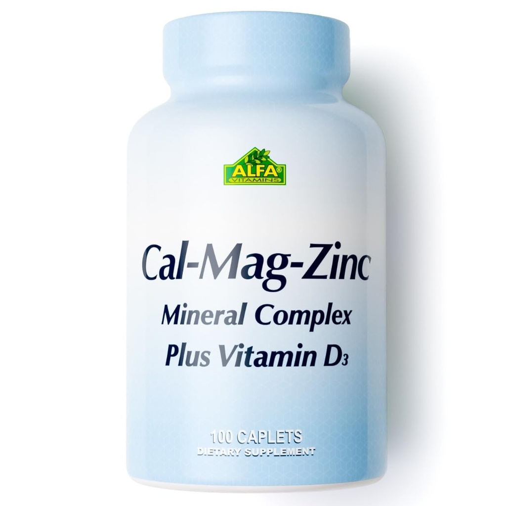 ALFA VITAMINS Calcium, Magnesium, Zinc Plus ויטמין D3, תומך בריאות העצם, Immune פונקציונלי & אנרגיה הפקה, 300 מ"ג Calcium, 133 מ"ג מגנזיום, 5 מ"ג Zinc, 133 IU ויטמין D3, 100 טבליות