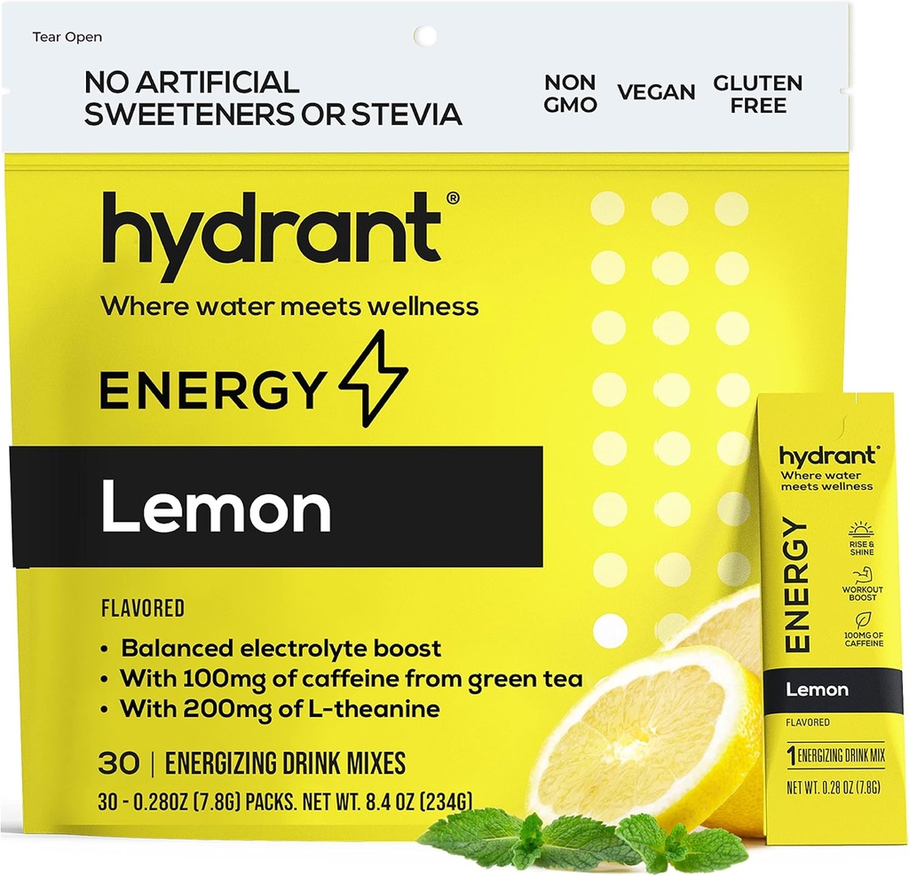 HYDRANT Energy Lemon Flavor 30 Stick Pack, Caffeine & L-Theanine Rapid hydrotion Mix, Electrolyte hydrotion אבקת Packets with Zinc