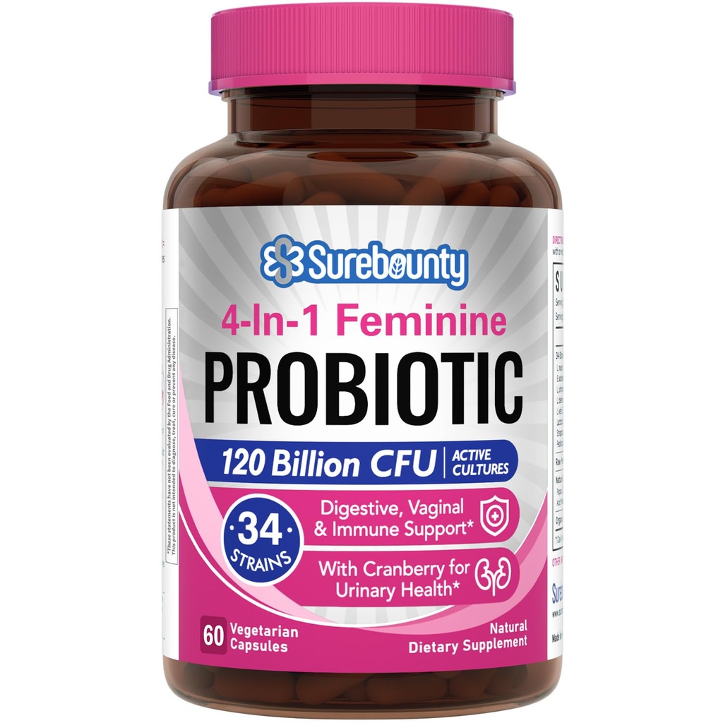 פרוביוטיקה לנשים, 120 מיליארד CFU 34 סטרינס, Prebiotics, Digestive Enzymes, Cranberry, 4in-1 Feminine Probiotic, Digestive, Vaginal, Immune Support, 60ct
