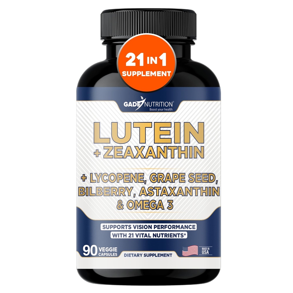 Gade Nutrition Lutein ו Zeaxanthin תוספי ויטמינים עיניים עם אומגה 3, Resveratrol, Bilberry, Lycopene, Quercetin, Genekgo Biloba, ויטמין D ועוד Eye Cares ומינרלים