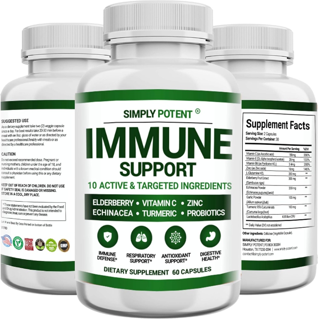Immune Support Supplement, 10 ב 1 Immunity Booster Band of Elderberry, ויטמין C, Zinc, Echinacea, Turmeric, Probiotics & Antioxidants for Immune Defense, Respiratory & Digestive Health, 60 Pills
