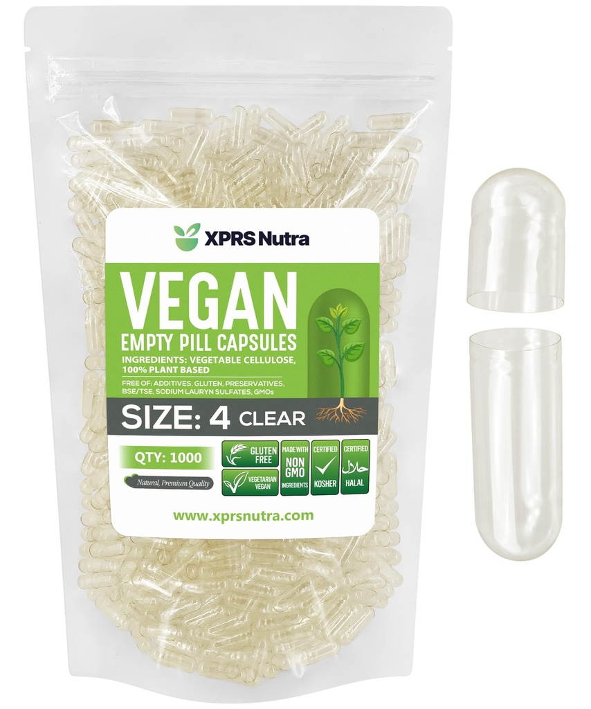 XPRS Nutra Size 4 קפסולות ריקות - 1000 Count Small Clear Vegan Kaps- Vegetarian Pills- Vegetarian Pills - כמוסות ירקות DIY למלא - מלא Do-It-Yourself Veggie Caps עבור תוספי מזון