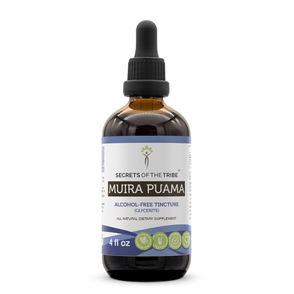 סודות של השבט Muira Puama Tincture אלכוהול חינם לחלץ, Muira Puama (Ptychopetalum Olacoides) Dried Bark (4 FL OZ)