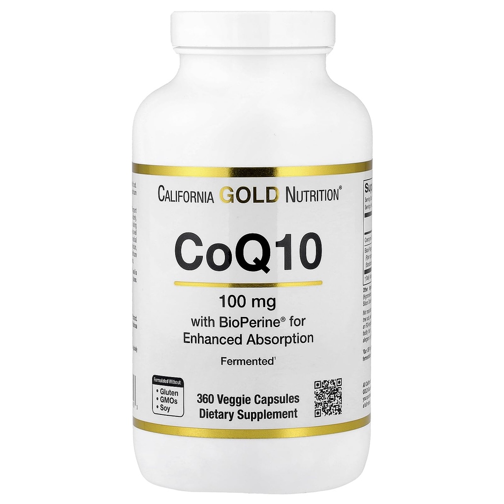 CoQ10 100 מ"ג, Coenzyme Q10 Ubiquinone USP עם bioperine Black Pepper for Enhanced Absorption, תומך בתפקוד Mitochondrial *, 360 Veggie קפסולות