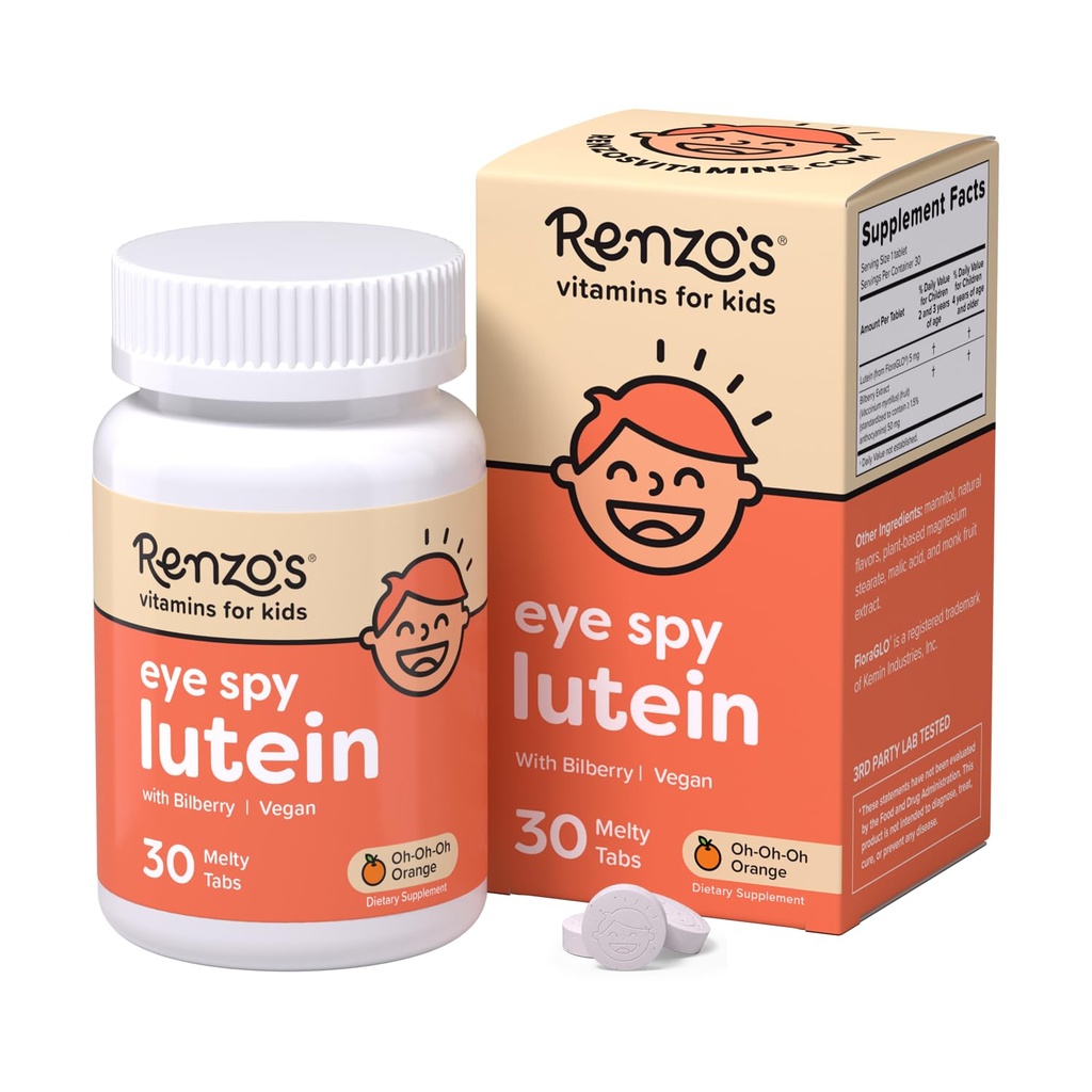 רנזו's Eye Spy Lutein עם פלט בילברי, ויטמינים לילדים בלתי פתורים לבריאות העין, תוספי סוכר ללא תשלום, 30 Orange-Flavored Melty Tabs