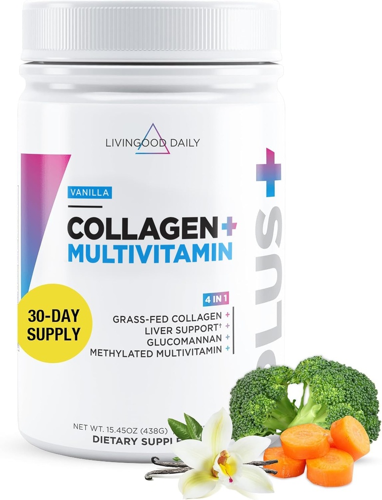 Livingood Daily Collagen אבקת עבור נשים וגברים, Vanilla, Grass פד חלבון, hydrolyzed Collagen Peptides עם ויטמין C & Multi ויטמינים לשיער, עור, ריח ובריאות, גלוט חינם, 30 משרתות