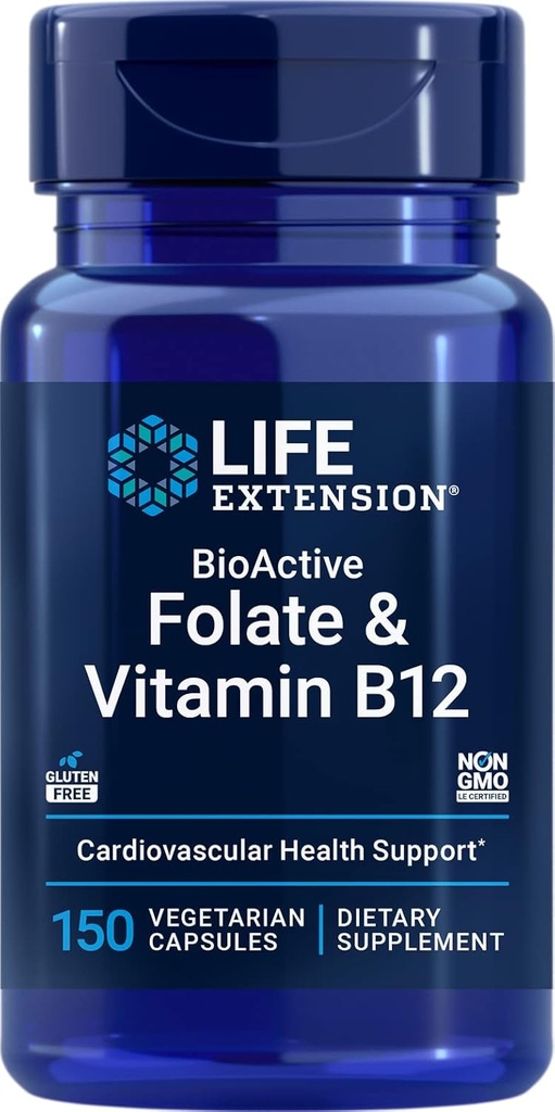 Life Extension BioActive Folate & ויטמין B12, 150 קפסולות צמחוניות - Non GMO, Gluten Free Supplement
