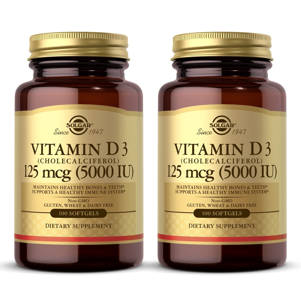 Solgar ויטמין D3 (Cholecalciferol) 10 mcg (400 IU) - 100 Softgels, Pack של 2 - מסייע לשמור על עצמות בריאות ושיניים - תמיכה במערכת החיסון - Non-GMO, Gluten Free, חלב חינם - 200 שרתי Total