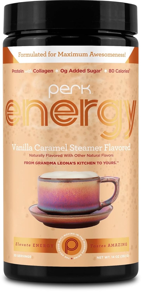 Perk Energy Original Vanilla Carmel Steamer Flavored אבקת משקאות (20 משרתים) - גלוטן ללא גלוטן, פיוז חינם