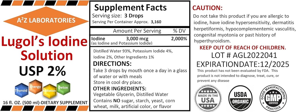 1x16 OZ אורגני Lugol של Iodine ו- Potassium Iodide 2% פתרון 3000 mcg -Liquid תוספת טיפות עבור התמיכה Thyroid עבור נשים וגברים, Metabolism בריאות, Detox Boost -16 Fl Oz /Ships היום!