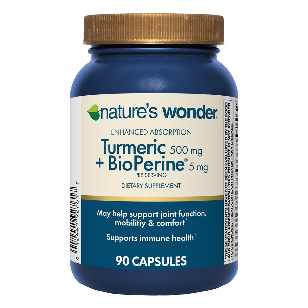 Nature's Wonder Turmeric תוסף עם BioPerine - Enhanced Absorption Turmeric Complex 500 מ"ג עם BioPerine 5 מ"ג לתפקוד משותף, ניידות, ונוחות, 90 קפסולות טורמריות