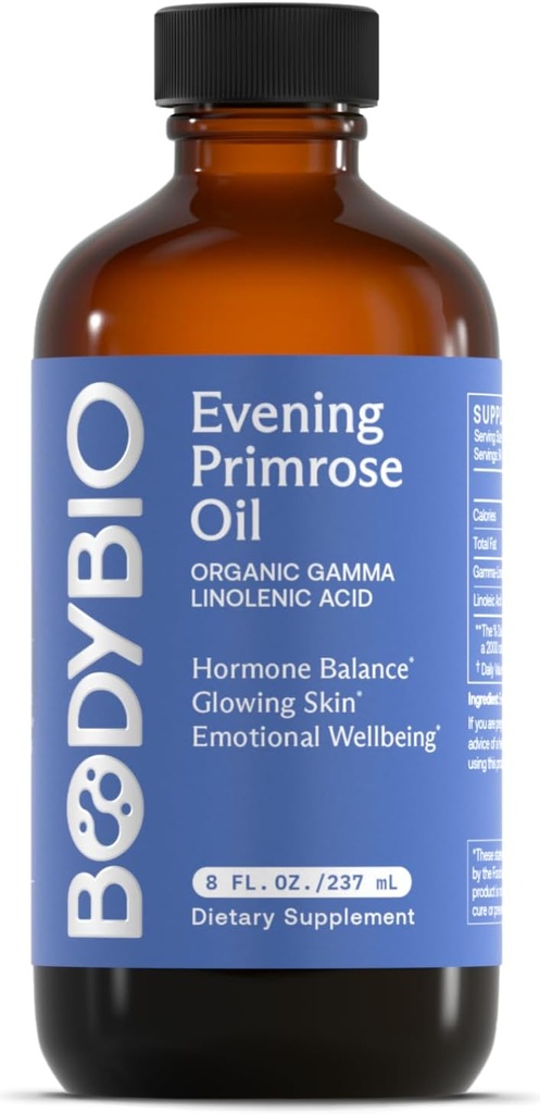 שמן ה- BodyBio Evening Primrose - Natural Gamma Linolenic Acid for Healthy Skin & Harmon Balance - Non-GMO, Cold Pressed - 8oz