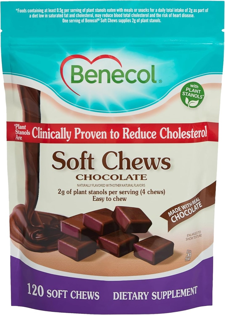 Benecol® Soft Chews - Made with Clinically Proven Cholesterol-Lowering Plant Stanols - תוסף ניהול כולסטרול (120 צ'ws שוקולד)