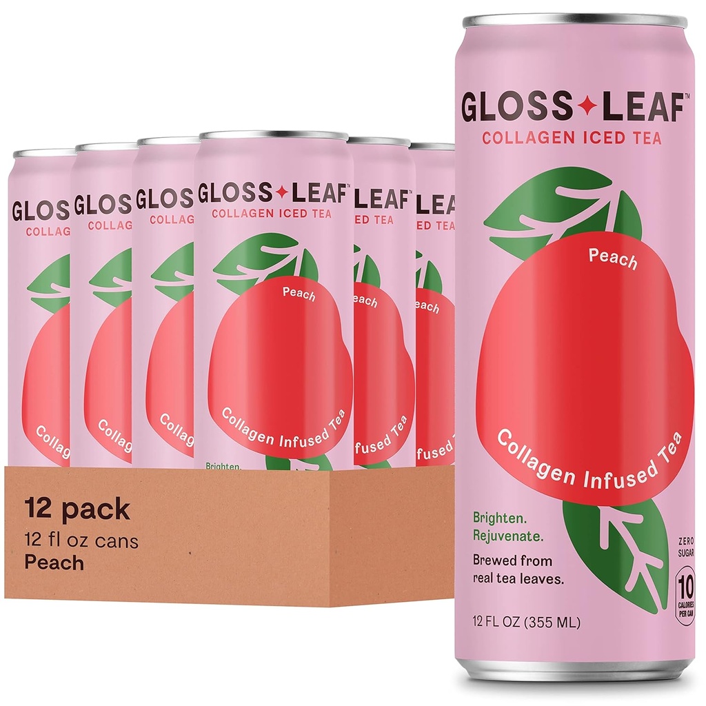 Gloss Leaf Collagen Iced Tea (Zero-Sugar, Peach): ברד תה שחור עם coagen Peptides חלבונים & ויטמין C, Beauty & Anti-Aging, 12 Fl Oz, 12 Pack
