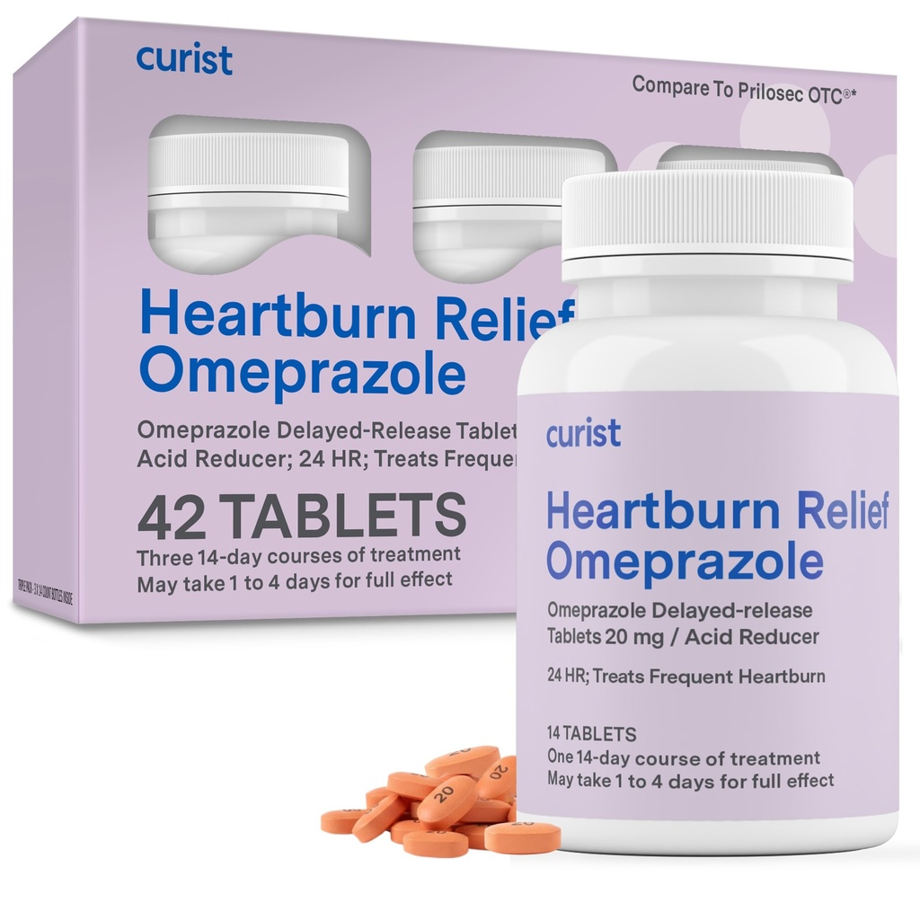 Curist Omeprazole 20mg טבליות - 42 Count Delayed-Release Tablets - Acid Reflux Medicine for Heartburn Relief