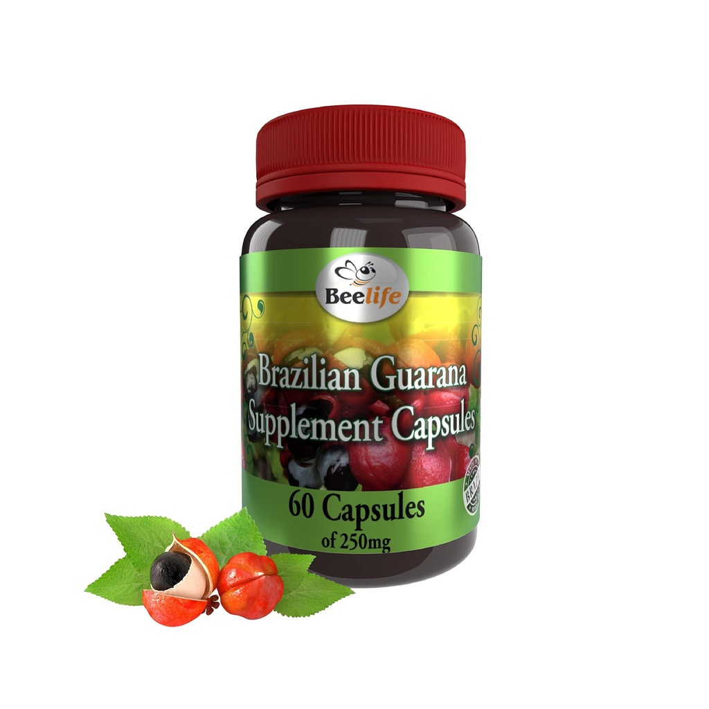 BeeLife ברזיל Guarana כמוסות - תוספי Caffeine טבעיים מברזיל - אנרגיה ומנטאלית פוקוס, תמיכה בחוזק שרירים - Zero Gluten, No Sugar Pre Workout for Men & Women - 250 מ"ג 60 Caps