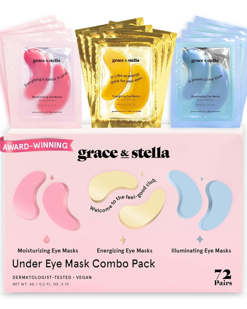 Grace & stella under Eye Mask - להפחית מעגלים אפלים, עיניים נפוחות, תחתונים, וrinkles - גל תחת עין פטש, טבעוני חינם טיפול עצמי חינם (72 Pairs, GoldPink Blue)