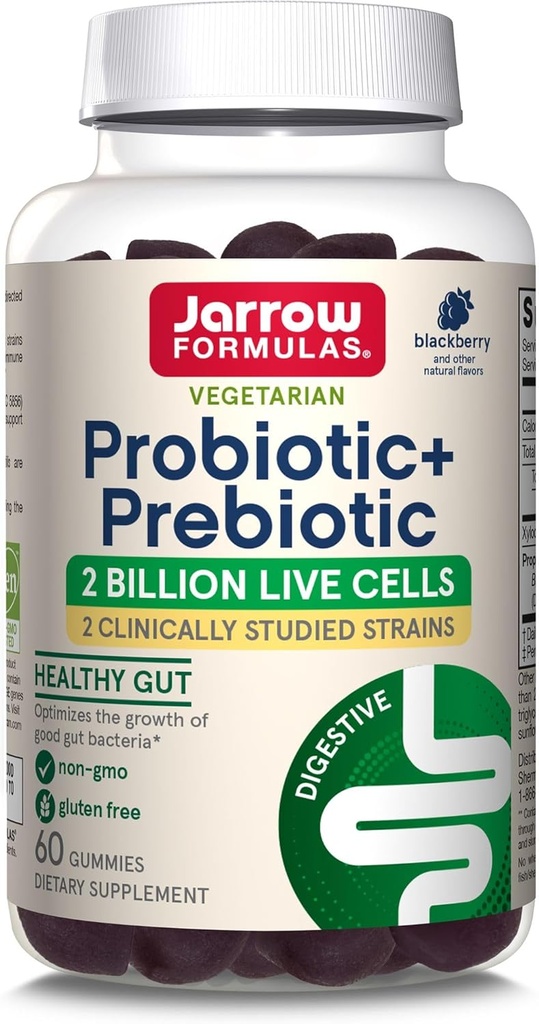 Jarrow Formulas Probiotic+ Prebiotic Dietary Supplement, Digestive Health, Gut Flor+Immune Health - 2 מיליארד CFU - 2 קלינית למד סטרינס - 60 חניכיים - Blackberry Flavor