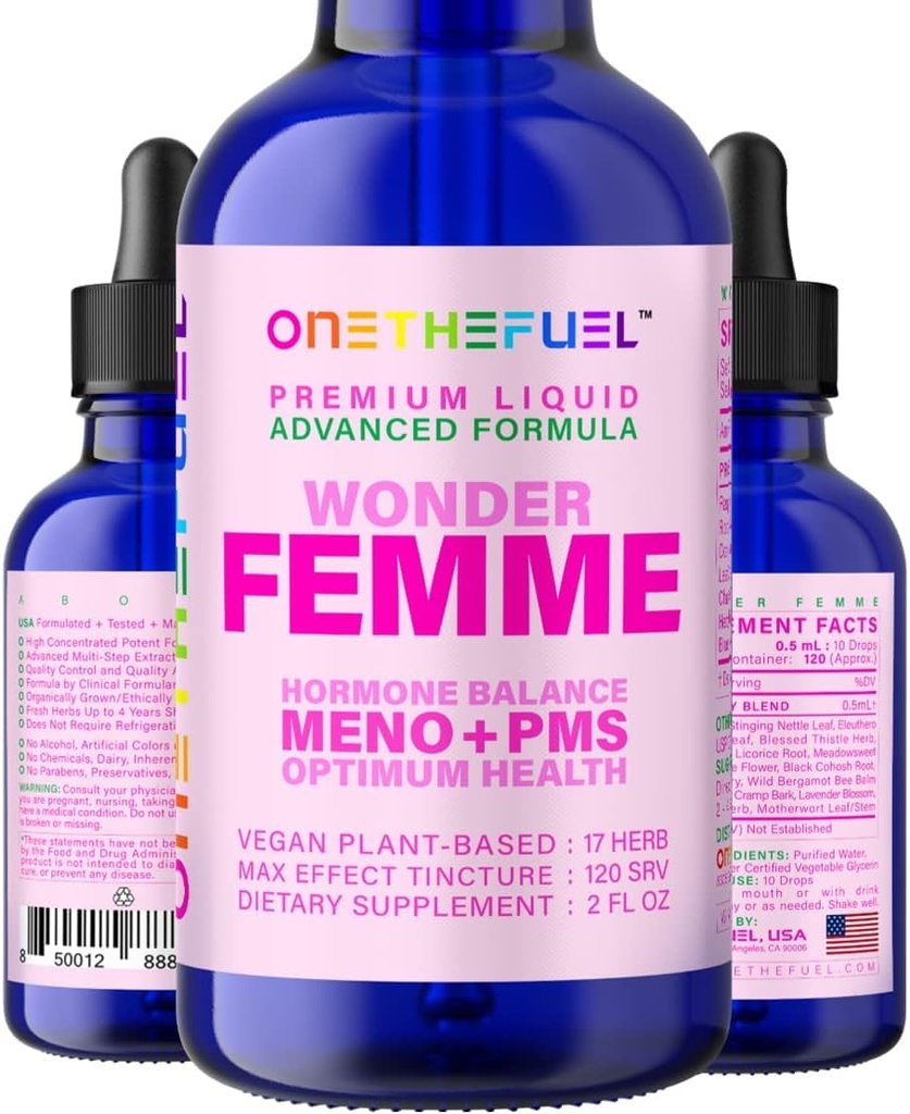 Wonder Femme Plant-based הורמון שיווי משקל Menopause Hot Flashes סיוע תמיכה 100% טבעי 17 נשים צמחיות Estrogen Health תוספת Dong Quai Vitex + Fast Absorb Tincture 2 oz. נוזל נוזלי