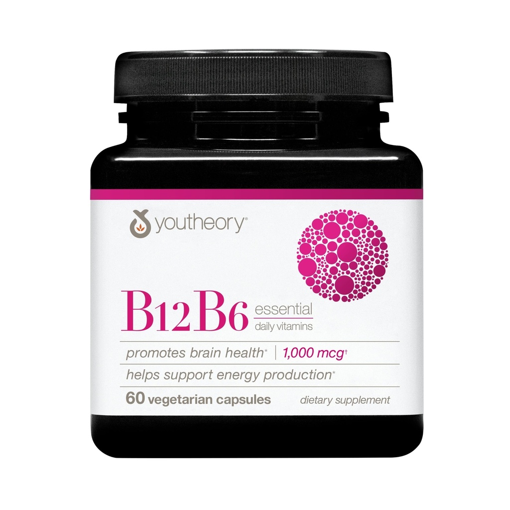 Youtheory B12B6 - ויטמין B6 & ויטמין B12 - מציע בריאות המוח, אנרגיה ותחמושת תמיכה * - חלב, סויה וגלוט חינם - 60 קפסולות צמחוניות