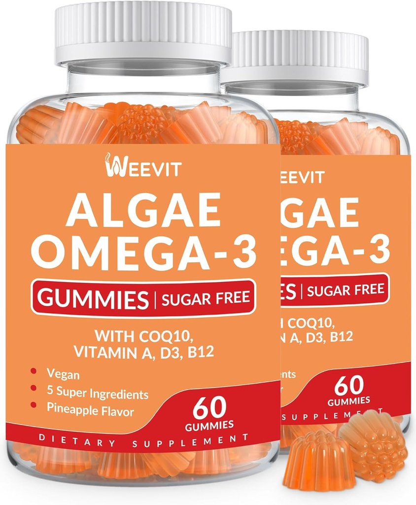 אומגה 3 חניכיים טבעוניות, Algae אומגה 3 3 תוסף DHA 240 מ"ג, EPA 110 מ"ג W/Vitamin B12, CoQ10, Fish Oil Alternative for Adults - Brain, Bone, Eye & Immunity Support