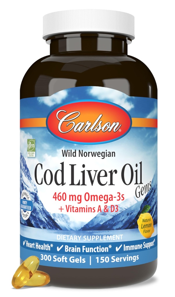 קרלסון - Cod Liver Oil, 460 מ"ג אומגה 3s + ויטמינים A & D3, Wild-Caught Norwegian Arctic Cod-Liver Oil, Sustainably Sourced Nordic Fish שמן קפסולות, לימון, 300 Softgels