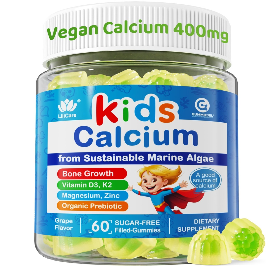 ילדים Calcium חניכיים + ויטמין D3 K2, Magnesium, Zinc, תוספת Absorption Algae Calcium תוסף עבור ילדים Gentle to Stomach, עצמות, שיניים, שרירים, מוח, סוכר חינם צ 'כיויטמינים ילדים 4, 60 ספירות
