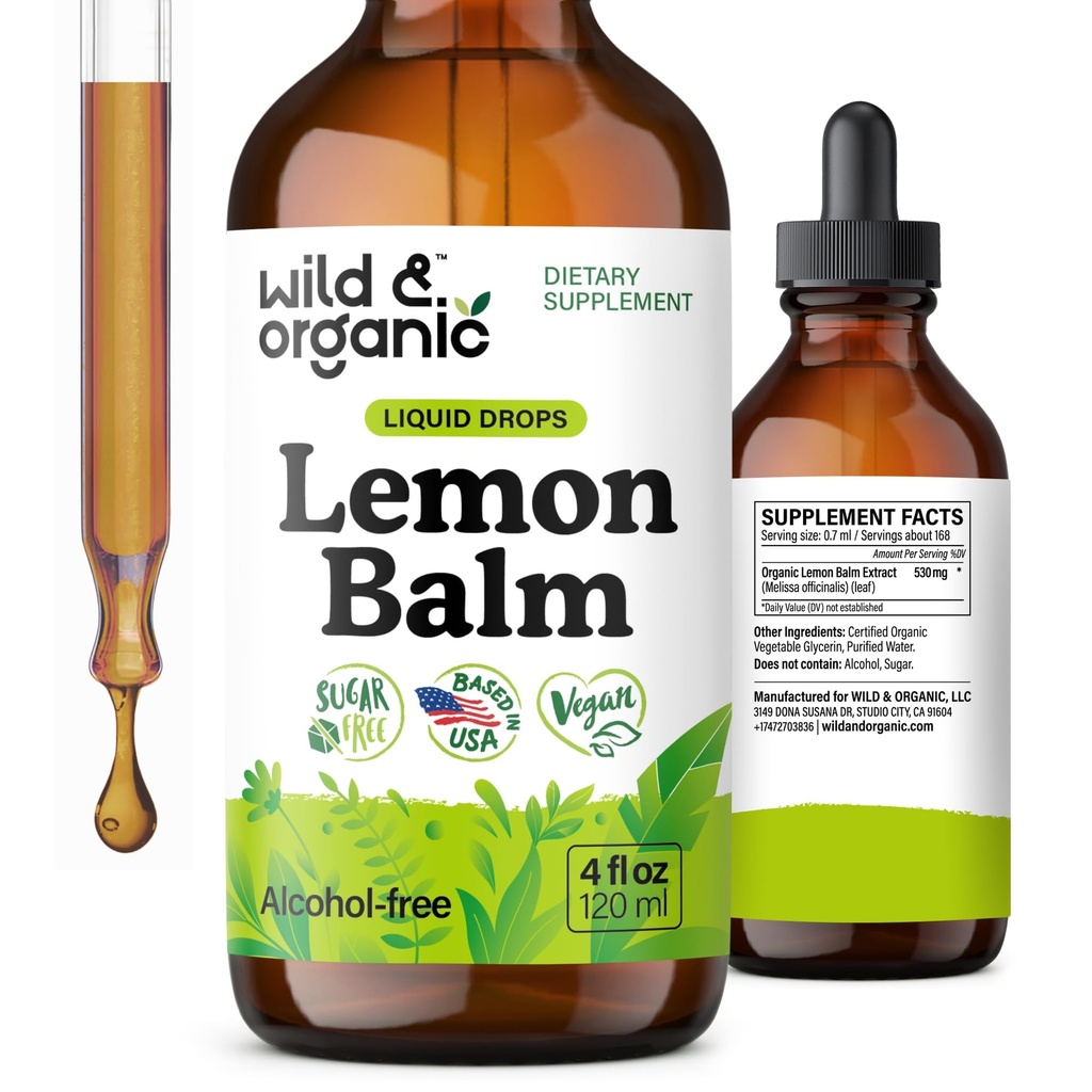 Wild & אורגני לימון Balm Tincture - תוספת תמיכה Mood - Melissa Lemon Balm Leaf Extracts - טבעוני, סוכר ואלכוהול חינם קלוריות תוספת - 4 fl oz