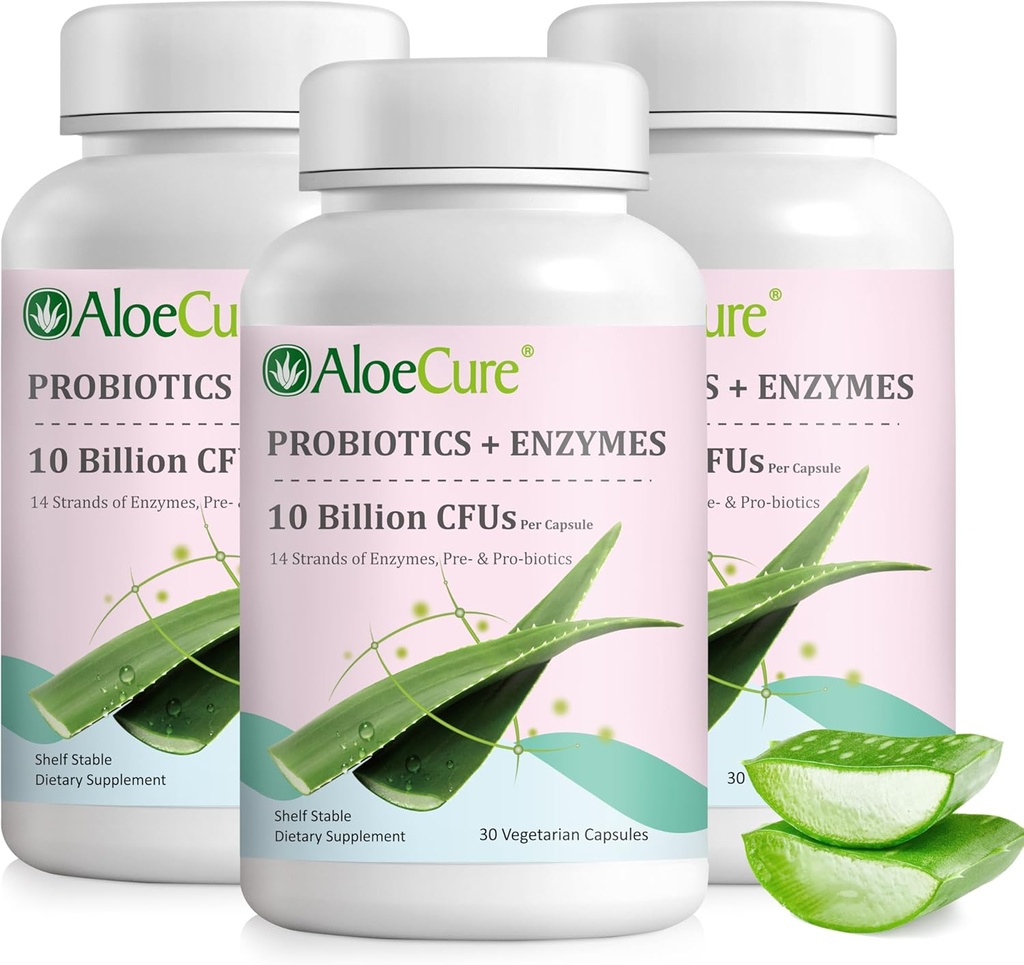 AloeCure Daily Probiotics 10 מיליארד CFU for Digestive Support 8 Strains, 6 Prebiotics & Enzymes - תוספת עיכול עם Bromelain for Women & Men - Get Support, Digestive Relief, 30 Caps x 3btlss