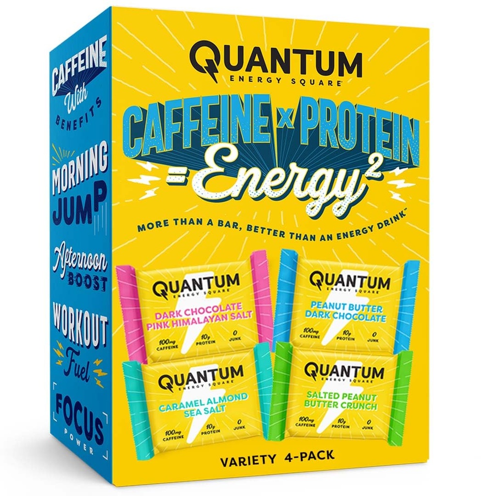 כיכר האנרגיה הקוונטית - Energy Bar with Caffeine & 10g חלבון, חטיף בריא על Go - טבעוני, Gluten-Free, Soy & Milk-Free - Variety 4Pack