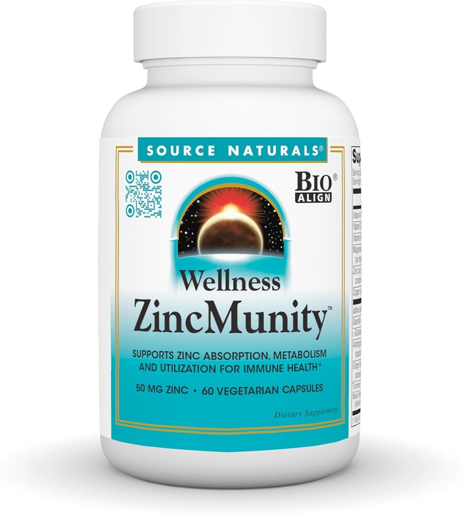 מקור Naturals Wellness ZincMunity, תומך ב- Zinc Absorption, Metabolism and Utilization for Immune Heath *, 50 מ"ג - 60 קפסולות צמחוניות