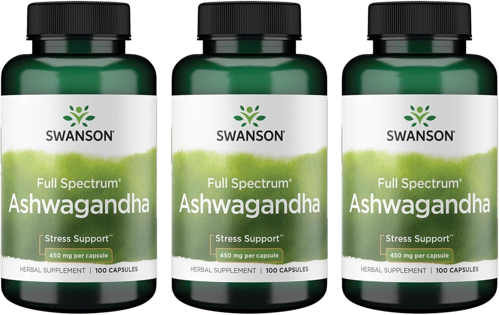 Swanson Ashwagandha אבקת תוספת-Ashwagandha Root מקדם הקלה מתח ואנרגיה תמיכה - Ayurvedic תוסף עבור טבע בריאות (100 קפסולות, 450 מ"ג כל אחד) 3 Pack
