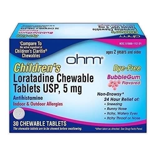Ohm Children's Allergy Medicine, Loratadine 5mg, Chewable Tablets (30 Count) Bubblegum Flavor, Non-Drowsy Antihistamine, 24-Hour Allergy Relief for Runny Nose, Watery Eyes, Itchy Throat & Nose