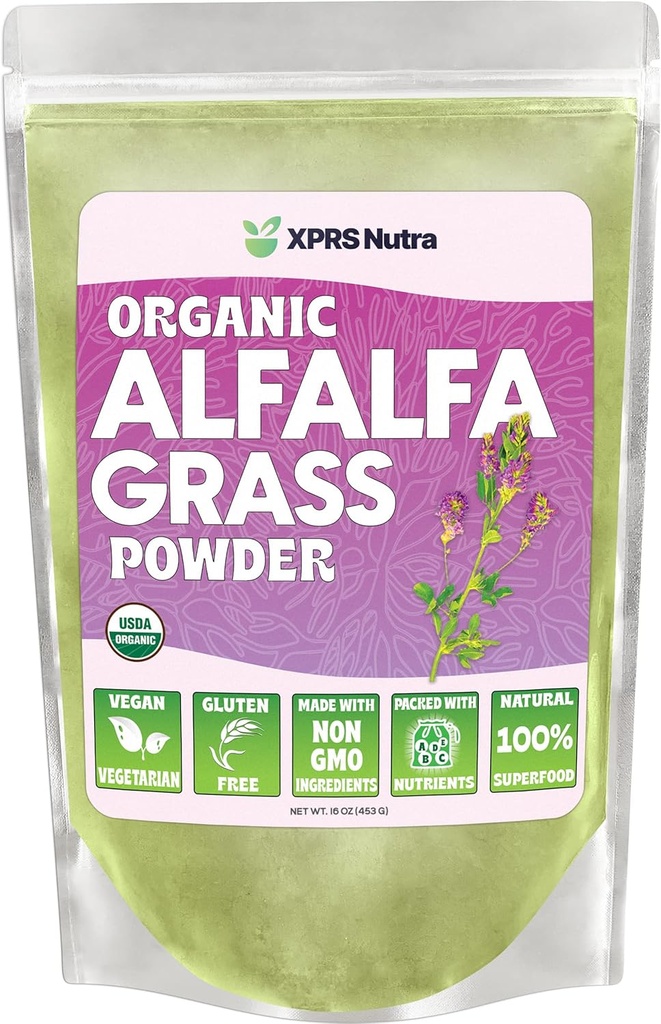 XPRS Nutra אורגני אבקת אלפאפלה - Premium Vegan Supplement עשיר ב Calcium, Antioxidants, ויטמינים - תוספי מזון לילדים ומבוגרים - טבעוני ידידותי אלפאפללה Leaf (16 Ounce)